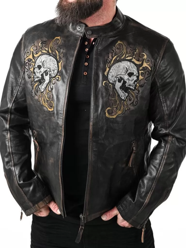 Rd Skull Flames Skindjakke - Sort^* Flash Sale