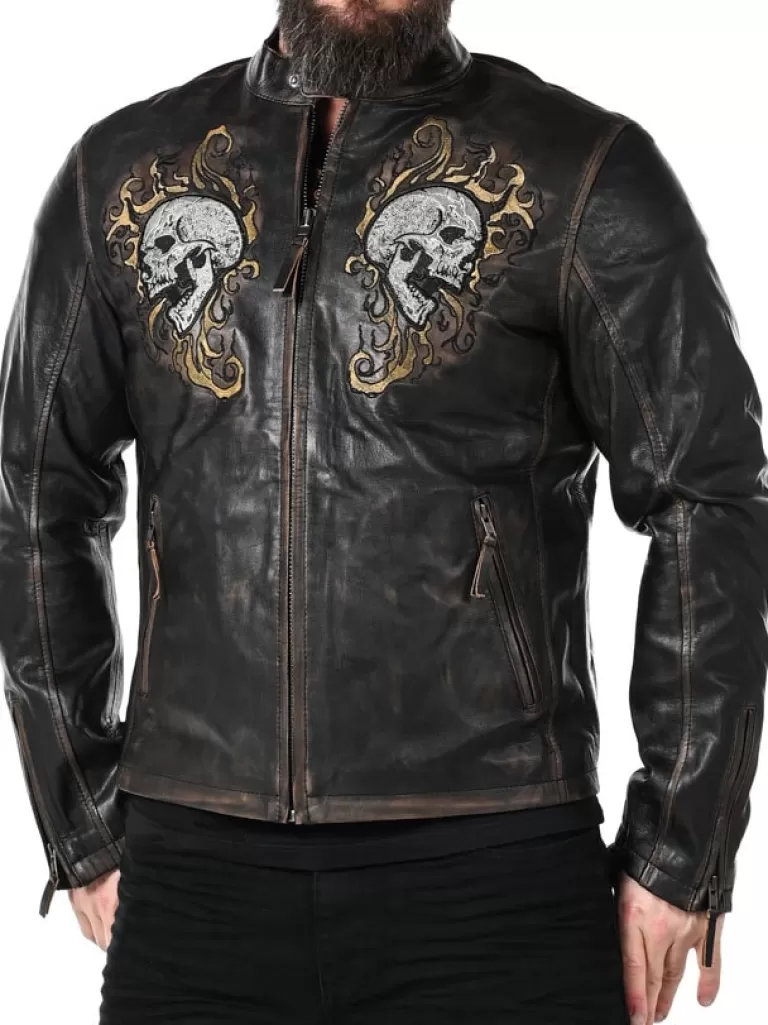 Rd Skull Flames Skindjakke - Sort^* Flash Sale